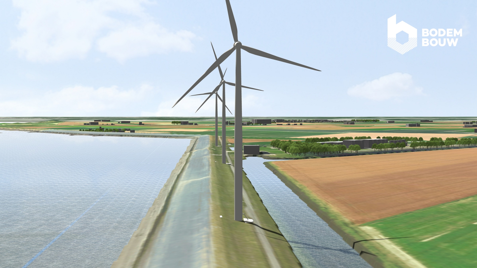 Impressie van de drie windturbines op de Oostpolderdijk